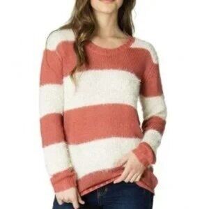 Billabong Striped Chenille Cozy Knit Crew Neck Sweater - Dusky Pink/Cream, Size